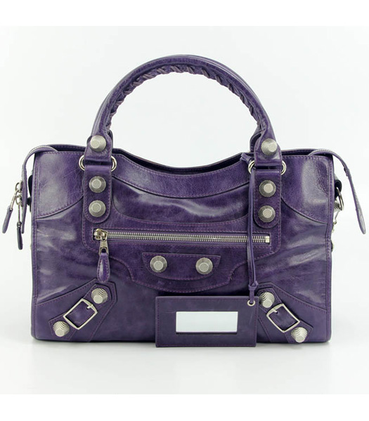 Balenciaga Motorcycle City Bag in cuoio viola Blue Oil (Bianco